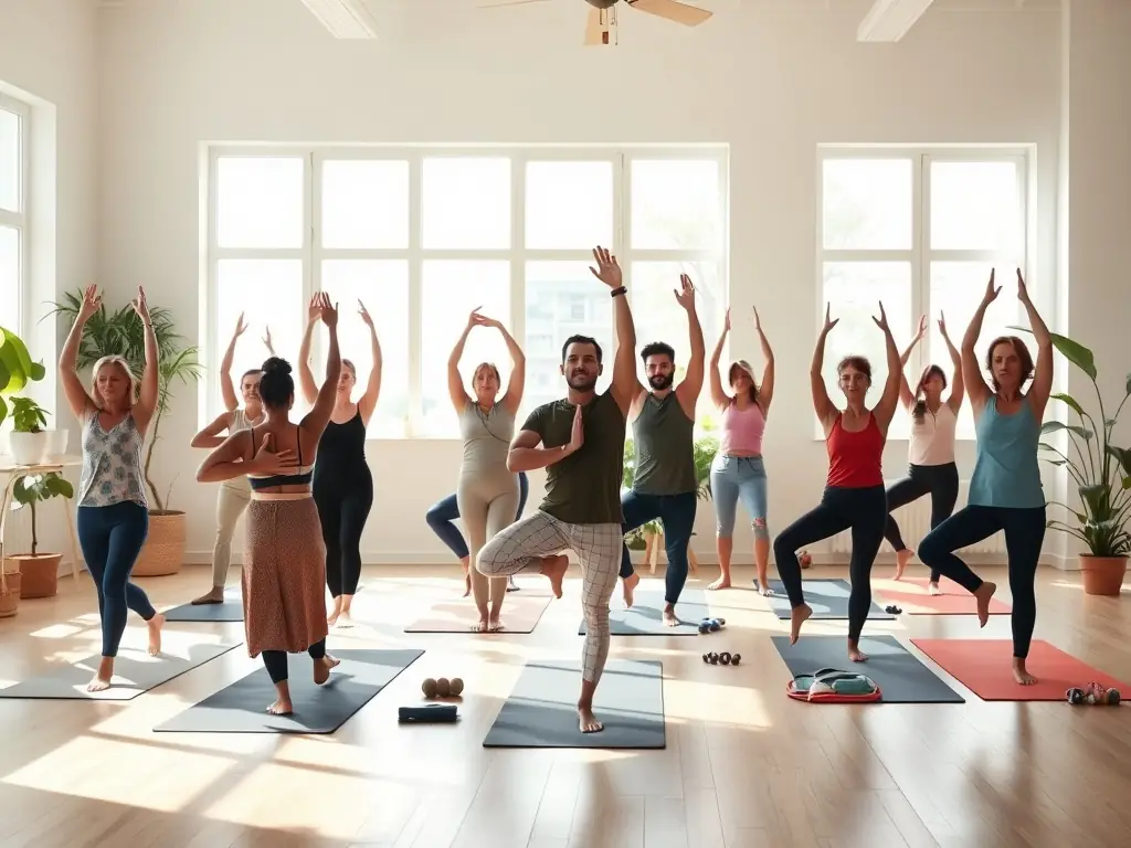 A group of people practicing yoga together in a bright, airy studio, showcasing the community aspect and social connection fostered by YOGA ART DE VIVRE.