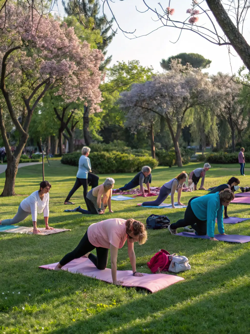 A serene image of a group of people practicing yoga outdoors in a park, bathed in soft morning light, symbolizing the community yoga classes offered by Yoga Art de Vivre.