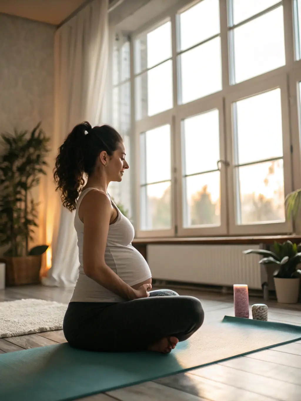 A peaceful image of a prenatal yoga class, with pregnant women practicing poses designed to support their changing bodies.