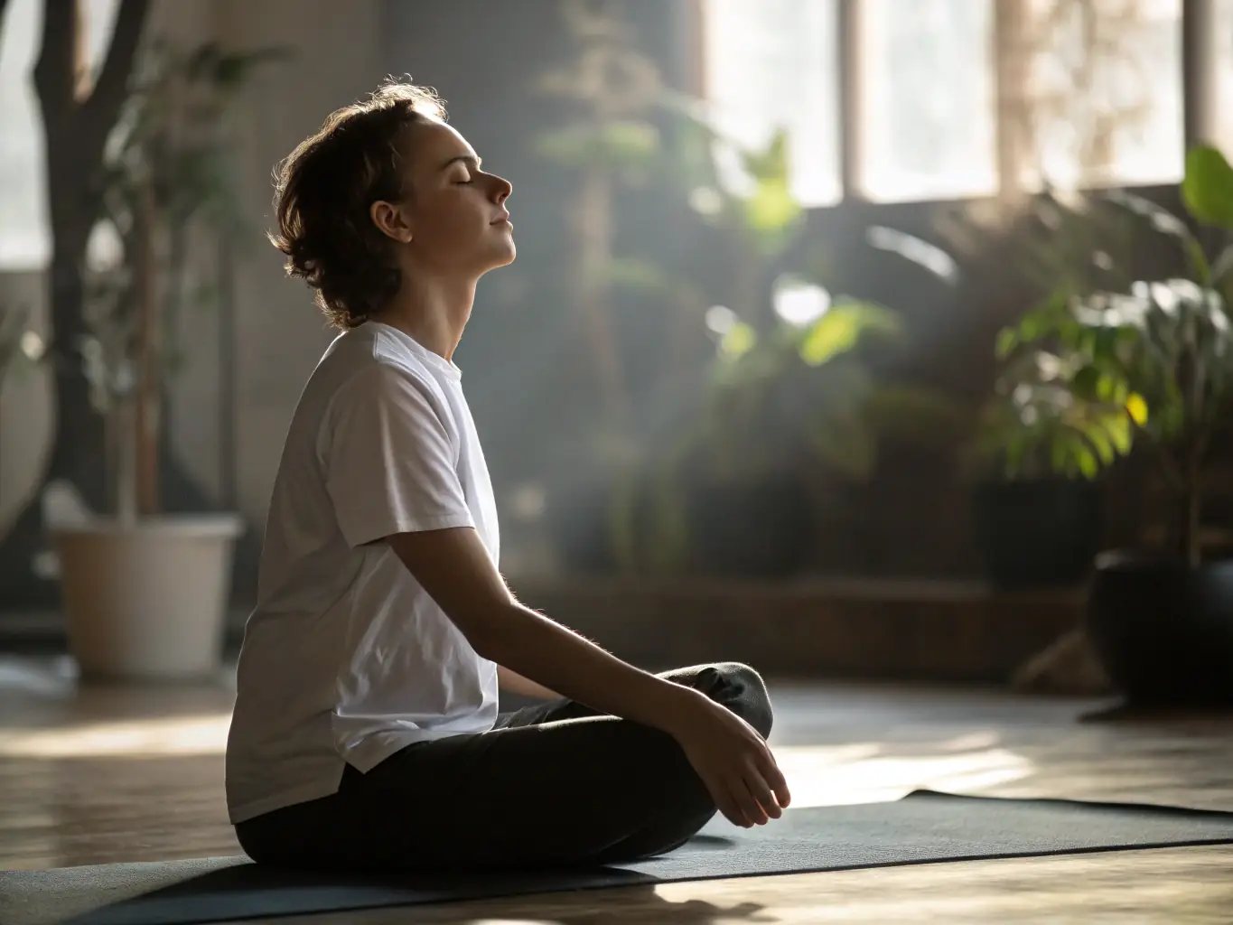 A calming image of an individual in a meditative pose during a Yin yoga session, emphasizing relaxation and deep stretching, ideal for a wellness-focused website.