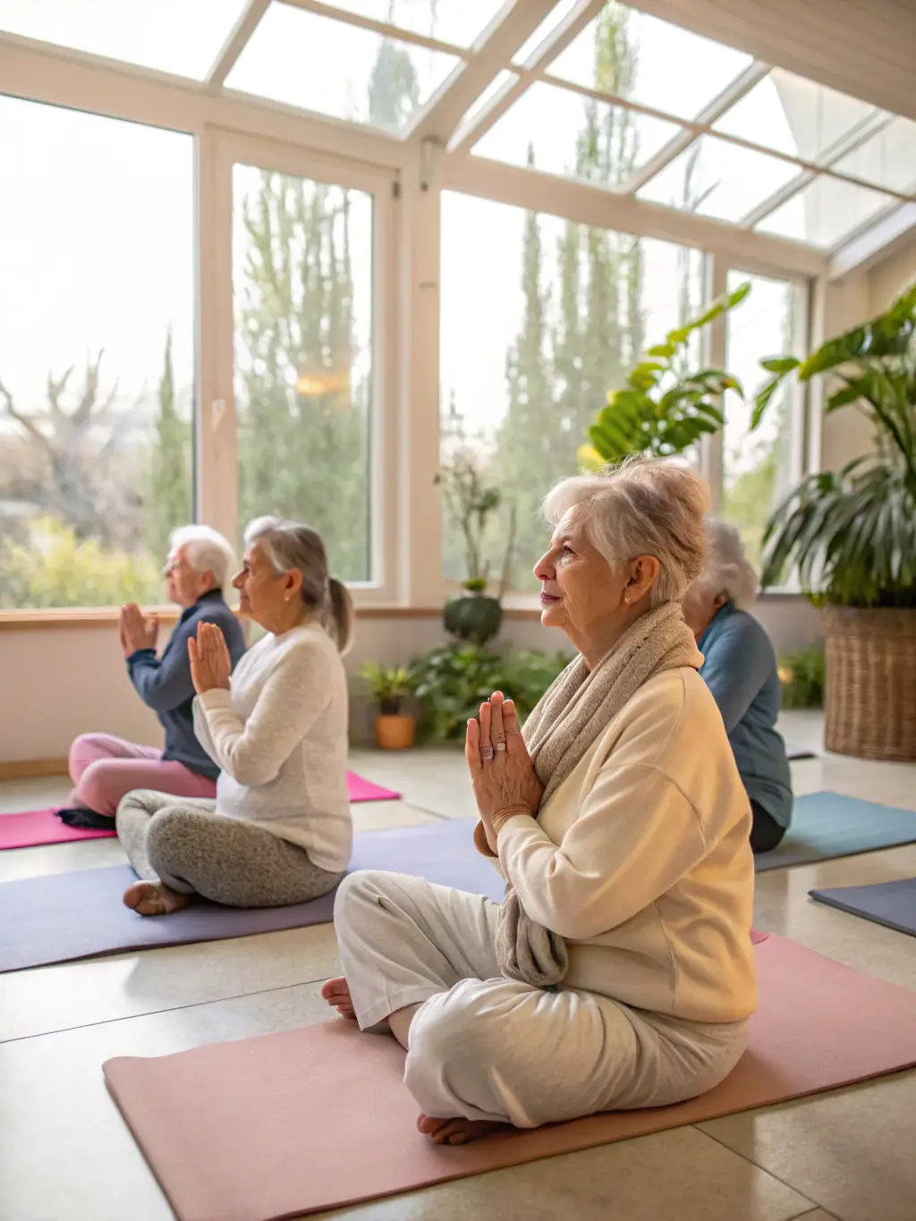 An image of a group of seniors participating in a gentle yoga class, highlighting the inclusivity and adaptability of Yoga Art de Vivre's programs for all age groups.
