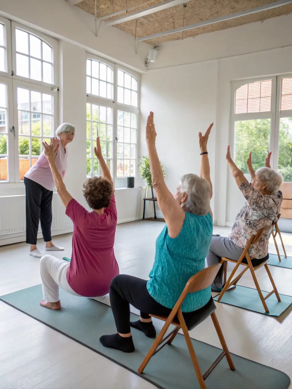 An image of a yoga instructor guiding a group of seniors through chair yoga, emphasizing accessibility and gentle movement.