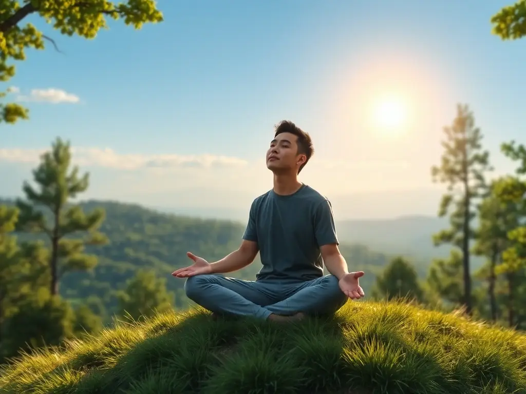 A serene image of a person meditating outdoors at sunrise, symbolizing peace and mindfulness, representing the stress reduction benefits of YOGA ART DE VIVRE.