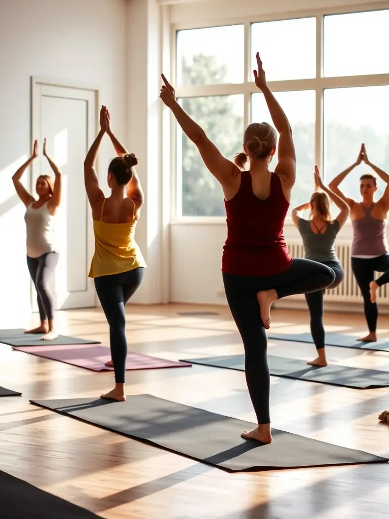 A serene image of a group of people practicing gentle yoga poses in a sunlit studio, focusing on relaxation and stress reduction.