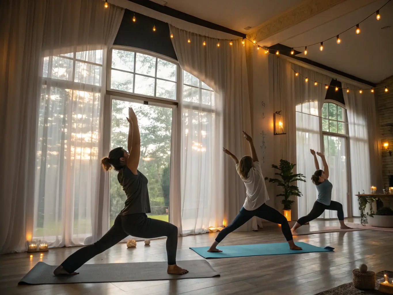 An energetic image of participants engaged in a Vinyasa flow yoga class, showcasing dynamic movements and synchronized breathing, suitable for a health and wellness website.